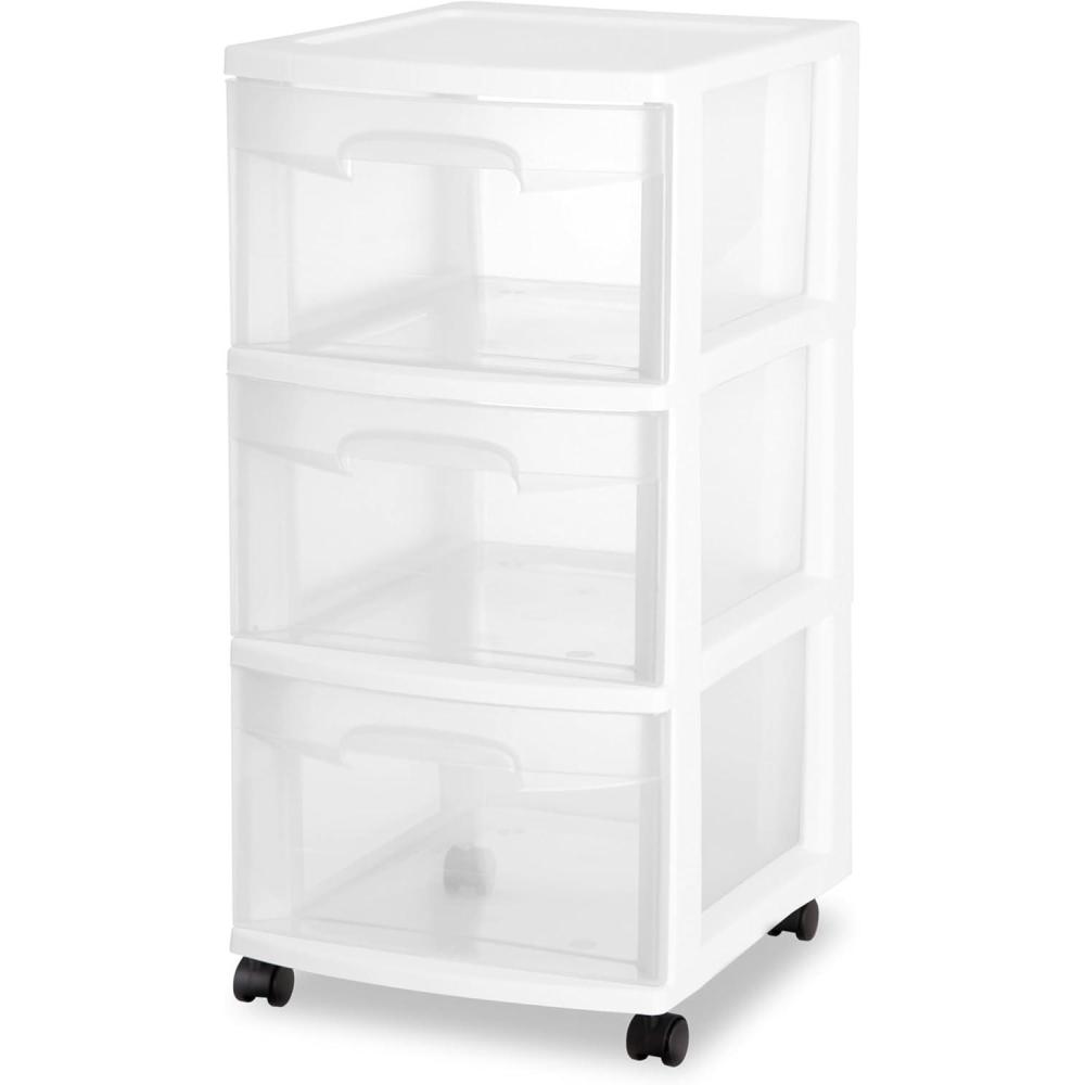 Sterilite 2 Pack Plastic Storage Organizer, 3 Drawer Rolling Bin Cart, Closet Organization, White(White)