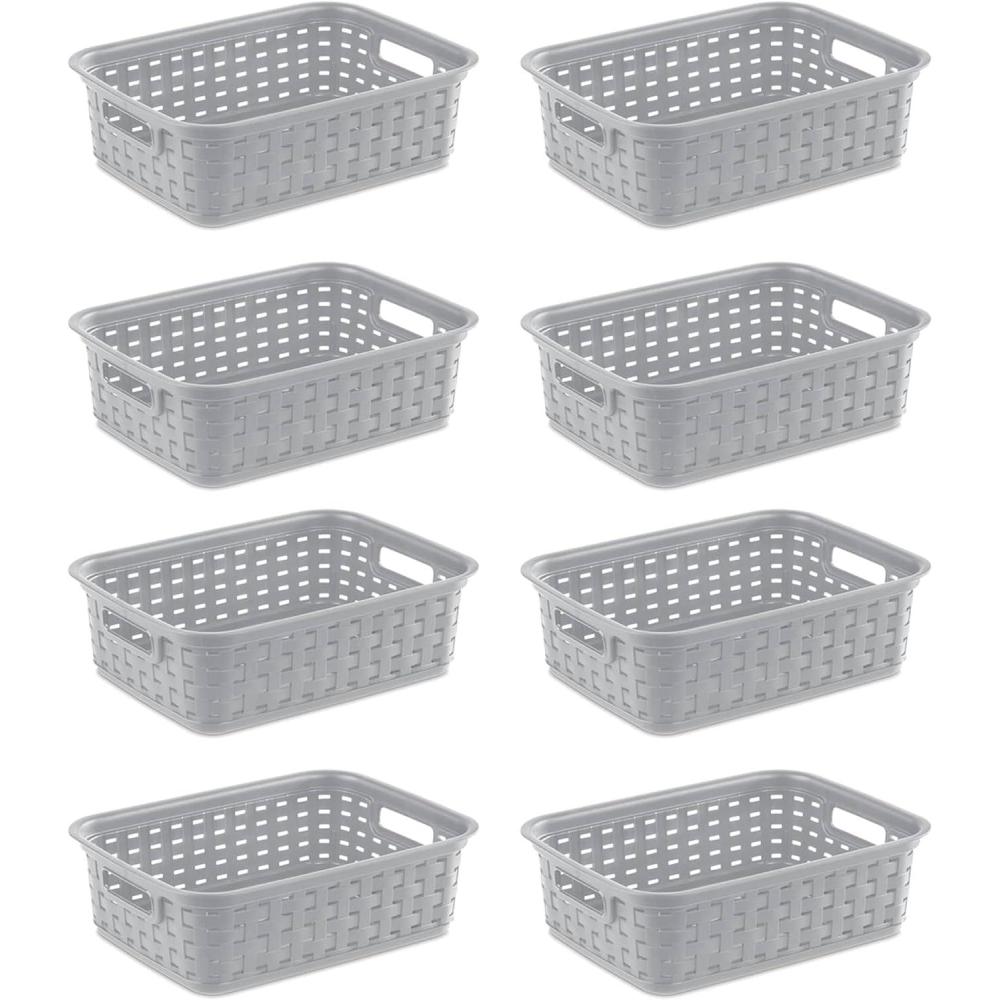 Sterilite 11 Inch Small Weave Open Bin Wicker Storage Basket Home Organizer Tote for Countertops, Bookshelves, and Closets, Cement, 8-Pack(Cement)