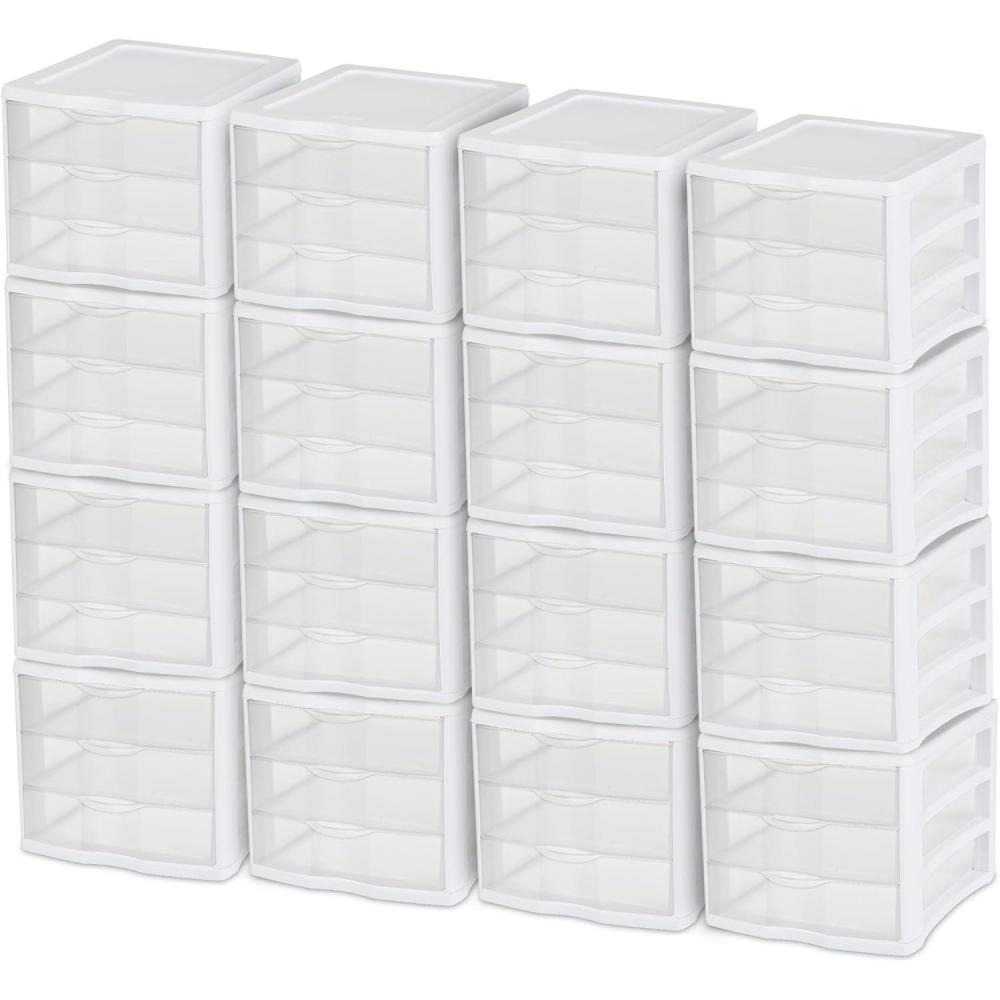 STERILITE 3 Drawer Desktop Storage Unit, Tabletop Organizer for Desk, Countertop at Home, Office, Bathroom, White with Clear Drawers, (Pack of 4)(16 Pack)