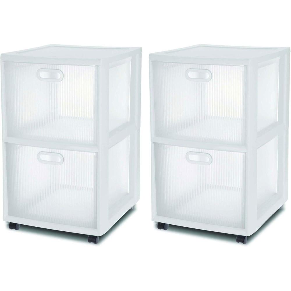 Sterilite Ultra 2 Drawer Filing Storage Cart, Plastic Rolling Cart with Wheels to Organize Desk, Office, White with Textured Clear Drawers, 2-Pack