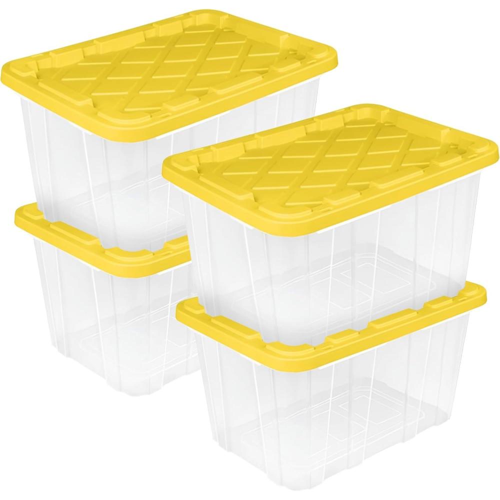 Sterilite 4-Pack Industrial Storage Box, Plastic Container Bins w/Lids, 27 Gallon, Yellow – Heavy-Duty Organizing Containers for Closet, Bathroom, and Office(4 Pack)