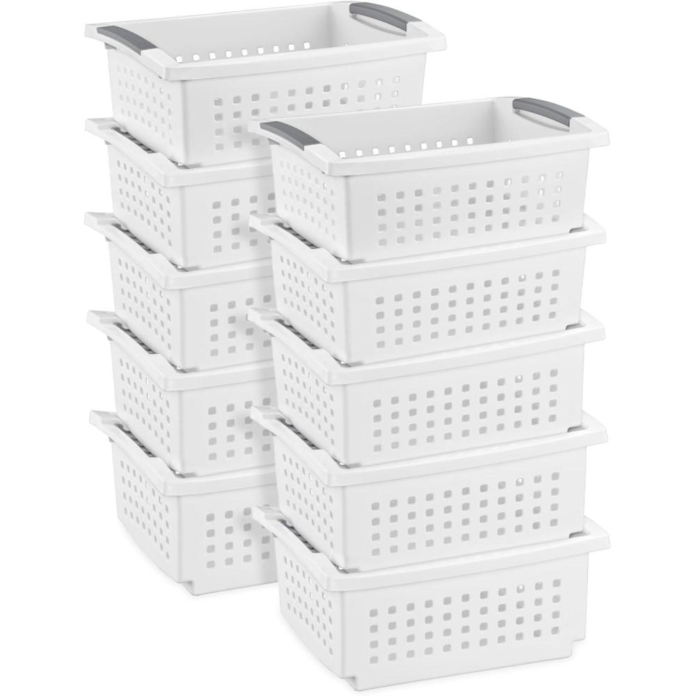 Sterilite 10-Pack Medium Stacking Basket, Open Top Plastic Storage Organizer, White – Stackable Crate Containers for Countertop, Cabinet, Pantry Shelf, Laundry Room, Bathroom & Home Office(Medium)