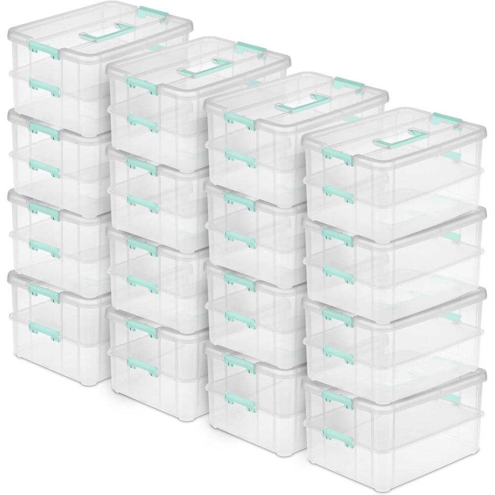 Sterilite 4-Pack Stack & Carry, 2 Layer Handle Box for Home & Office Storage – Clear Base & Lid with Color Latches, Organizer for Art & Craft Supplies, Sewing Tools or 8.5″ x 11″ Paper(16 Pack)