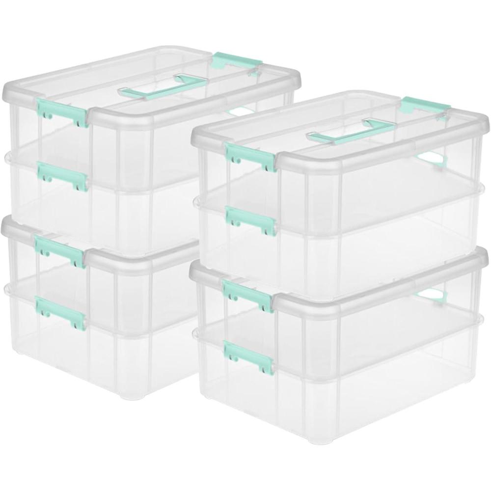 Sterilite 4-Pack Stack & Carry, 2 Layer Handle Box for Home & Office Storage – Clear Base & Lid with Color Latches, Organizer for Art & Craft Supplies, Sewing Tools or 8.5″ x 11″ Paper(4 Pack)