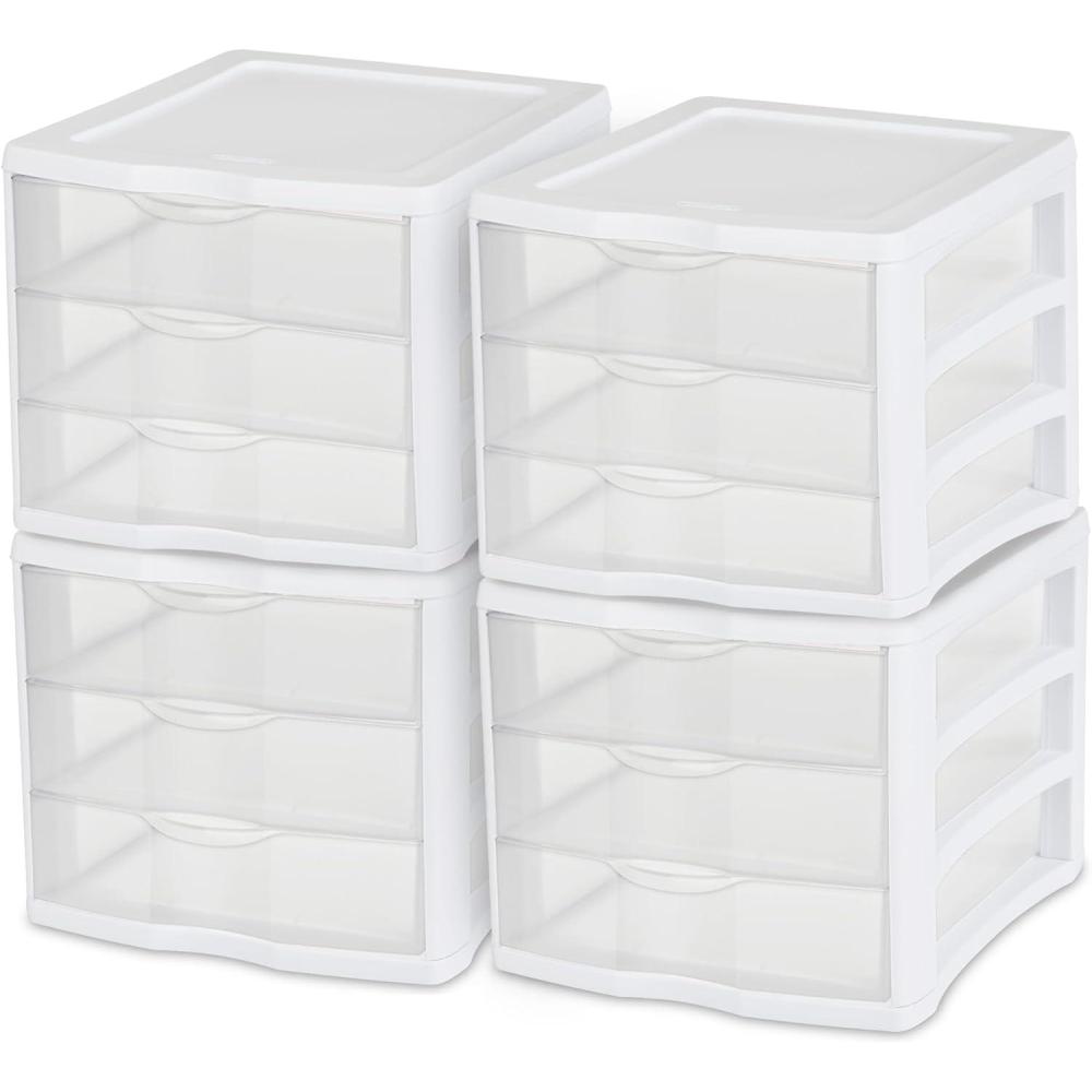 STERILITE 3 Drawer Desktop Storage Unit, Tabletop Organizer for Desk, Countertop at Home, Office, Bathroom, White with Clear Drawers, (Pack of 4)(4 Pack)
