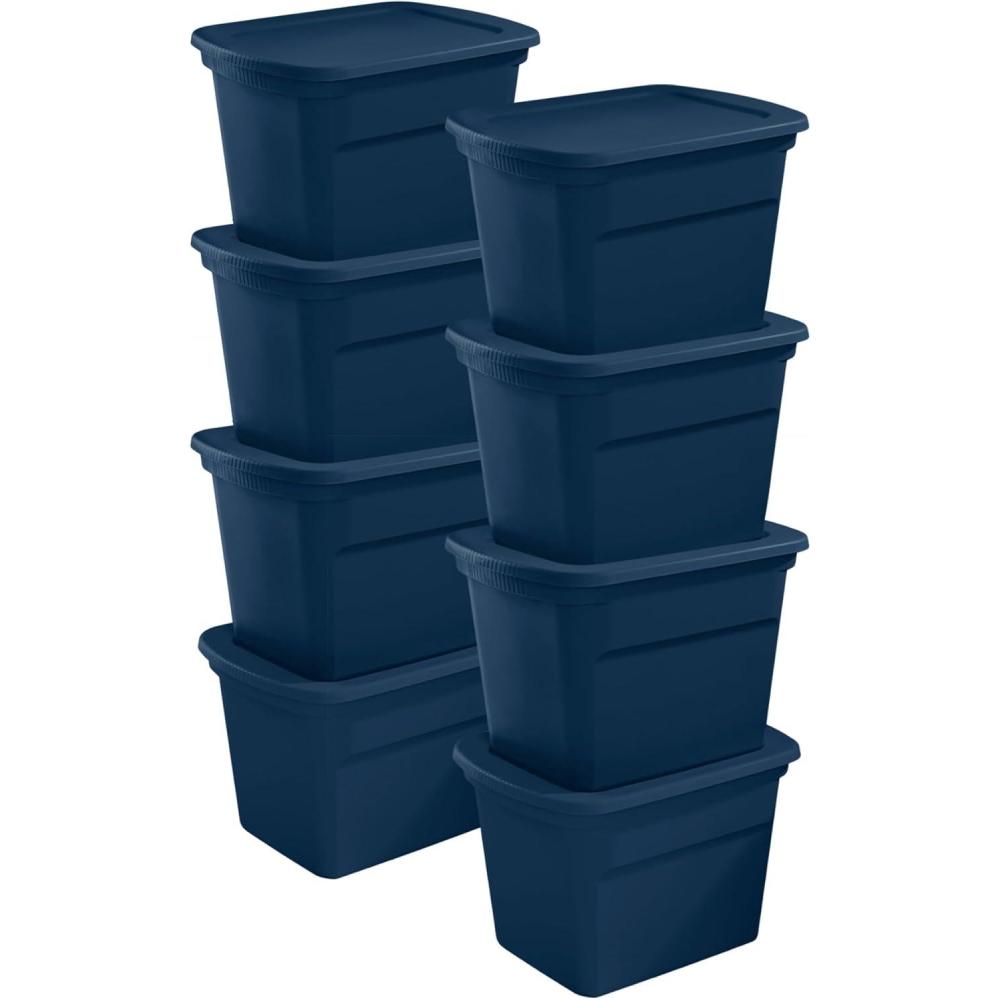 Sterilite 8-Pack Storage Tote, Plastic Container Bins with Lids, 18 Gallon, Marine Blue – Heavy-Duty Organizing Containers for Closet, Bathroom, and Office(Marine Blue)