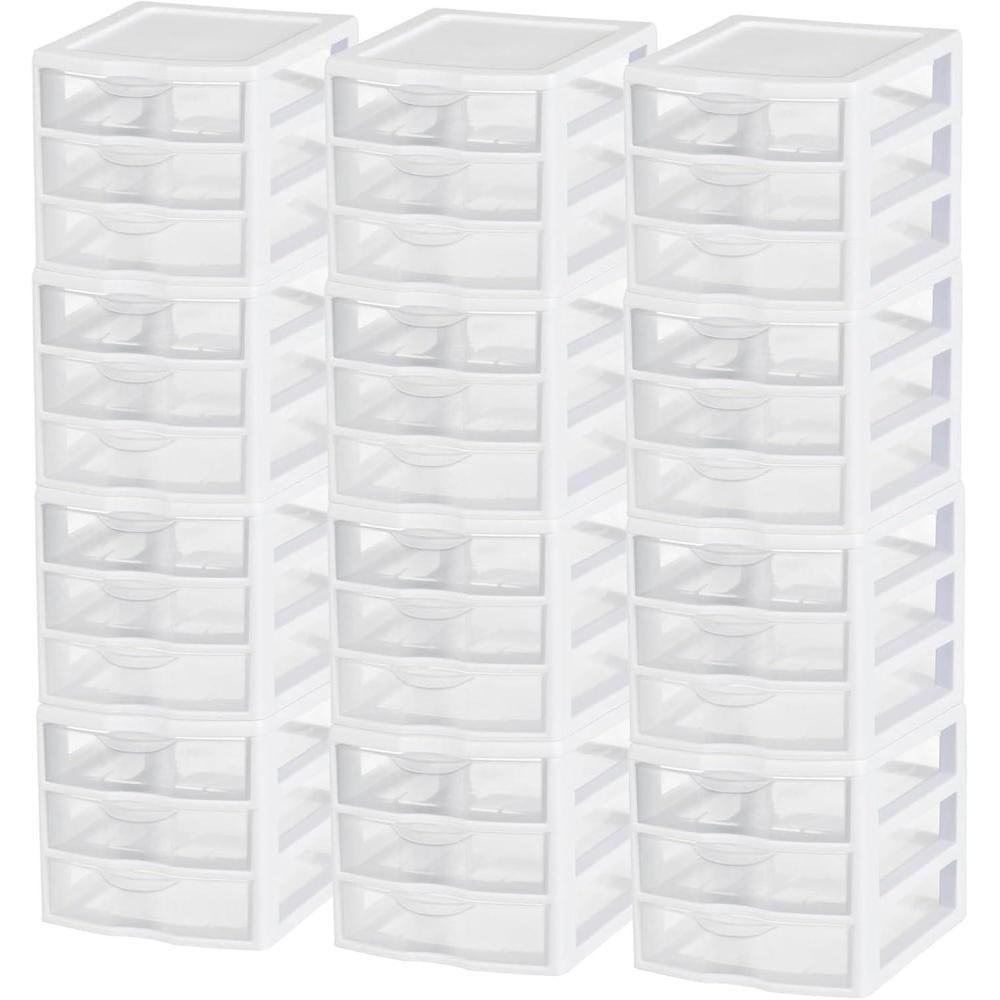 Sterilite Clearview Plastic Multipurpose Small 3 Drawer Desktop Storage Organization Unit for Home, Classrooms, or Office Spaces, White, 6 Pack(12 Pack)