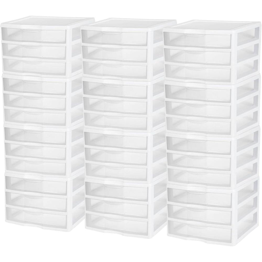 Sterilite 6-Pack Wide 3 Drawer Unit, Plastic Desktop Organizer with Clear Drawers, White Frame – Stackable Multi-Purpose Storage for Office Supplies, Craft Rooms, Classrooms and Home Organization(12 Pack)