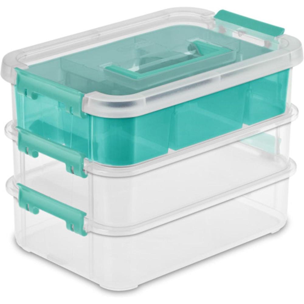 Sterilite 6 Pack Plastic Storage Box Container, 3 Layer, Stack and Carry, Clear/Blue(24 Pack)