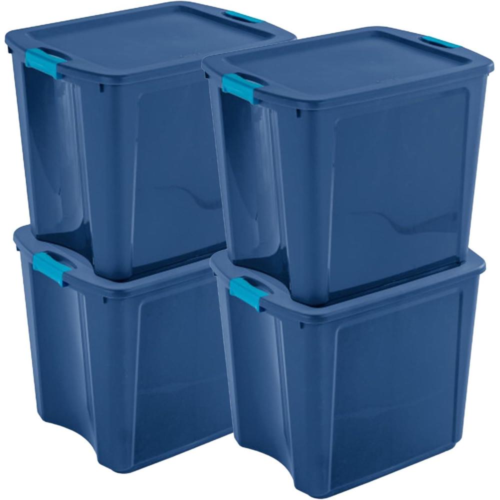 Sterilite 26 Gal Latch and Carry, Stackable Storage Bin with Latching Lid, Plastic Tote Container to Organize Closets, Blue with Blue Lid, 4-Pack(26 Gallon)