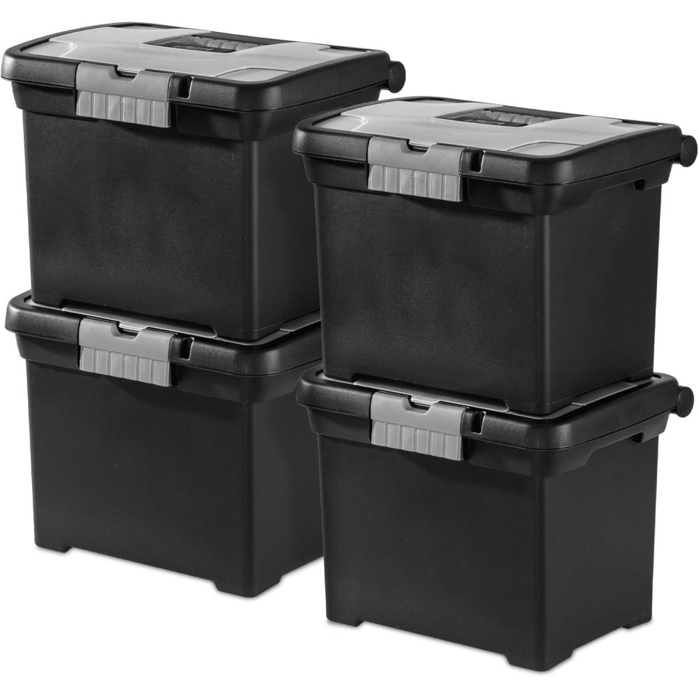 Sterilite 4-Pack Portable File Box, Stackable Container for Letter Hanging Folders, Black – Paper Document Plastic Storage Organizer with Latching Lid for Home, Office, and Dorm Organization(One Size)