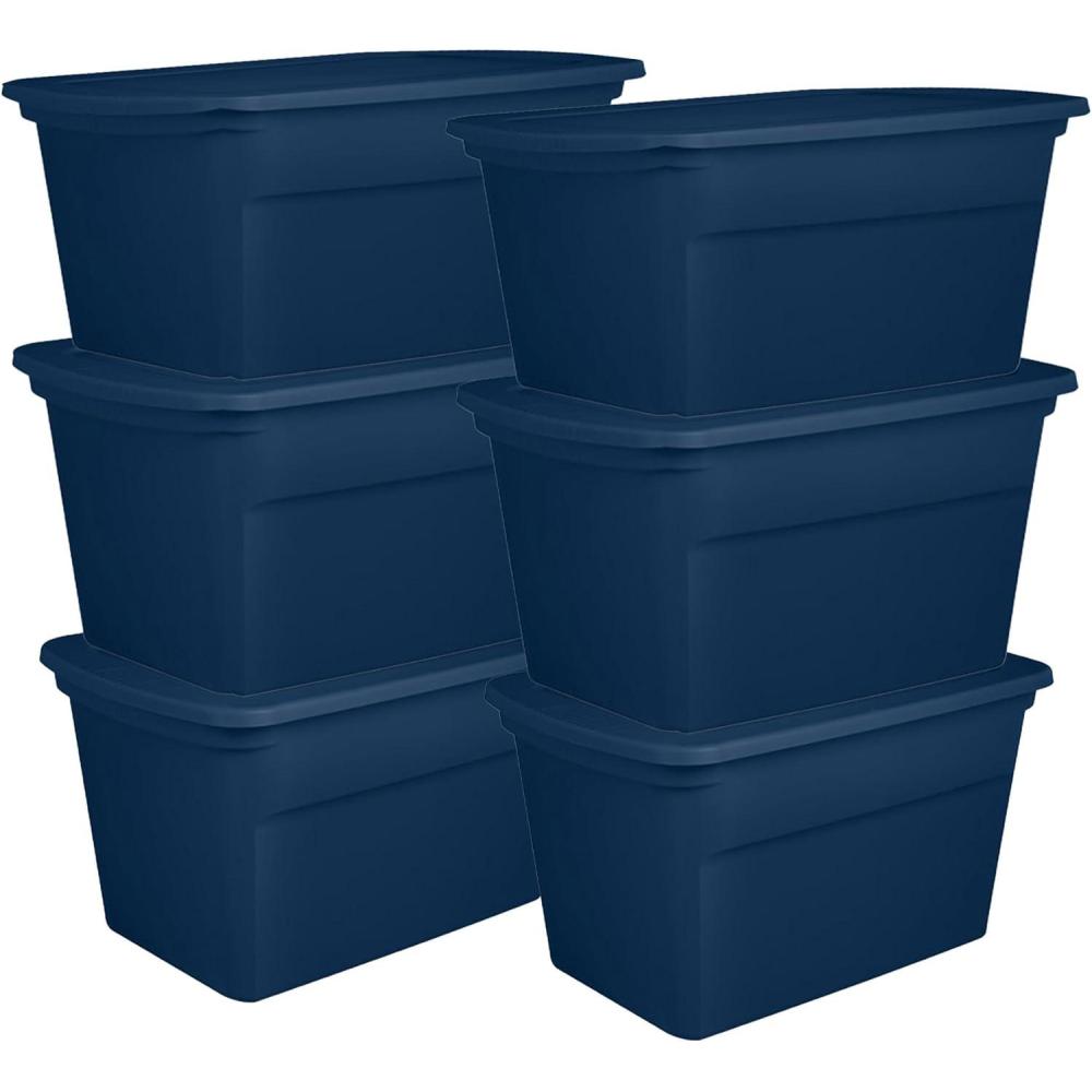 Sterilite 6-Pack Tote, Plastic Storage Bins with Snap Lids, 30 Gallon, Marine Blue – Stackable Home Organizers with In-Molded Handles for Bedroom, Garage, Basement and Attic(Marine Blue)