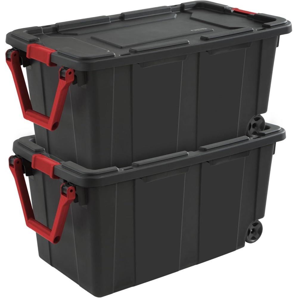Sterilite 2-Pack Industrial Tote, Heavy-Duty Storage Bins w/ Lids and Wheels, 40 Gallon – Stackable Organizing Containers for Home, Garage, Office, and Basement(Black)