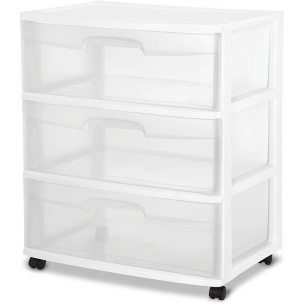 Sterilite Wide 3 Drawer Storage with Wheels, Plastic Rolling Organization Cart, White Frame(One Size)