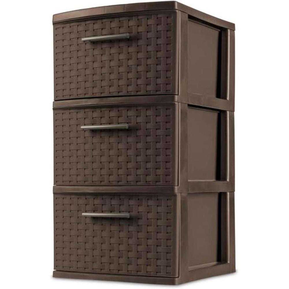 Sterilite 3 Drawer Plastic Wicker Weave Decorative Storage Organization Container Cabinet Tower with Driftwood Handles, Espresso (2 Pack)