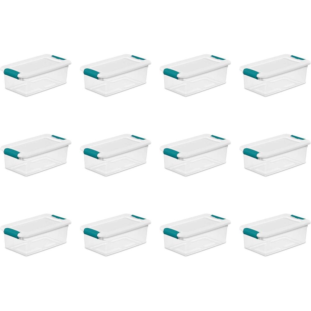Sterilite 6 Qt Latching Storage Box, Stackable Bin with Latch Lid, Plastic Container to Organize Shoes on Closet Shelf, Clear with White Lid, 12-Pack