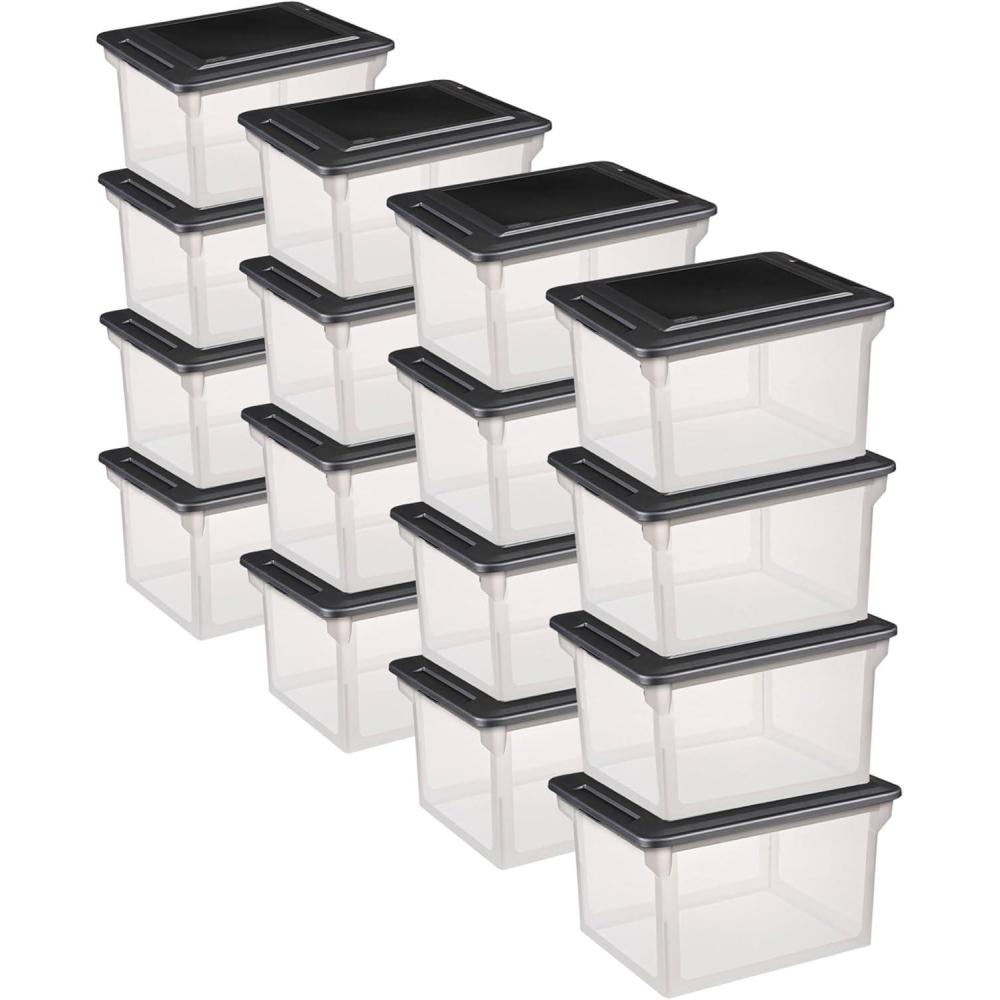 Sterilite 4-Pack File Box, Clear Storage Tote with Black Lid for Letter & Legal Hanging Folders – Stackable Plastic Document and Paper Organizer for Home, Office, and Dorm Organization(16 Pack)