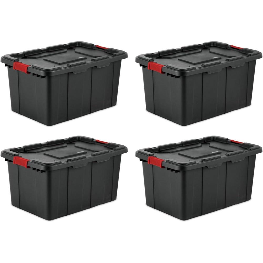 Sterilite 4-Pack Industrial Tote, Plastic Storage Bins with Lids, 27 Gallon, Black – Heavy-Duty Organizing Containers for Closet, Bathroom, and Office(27 Gallon)