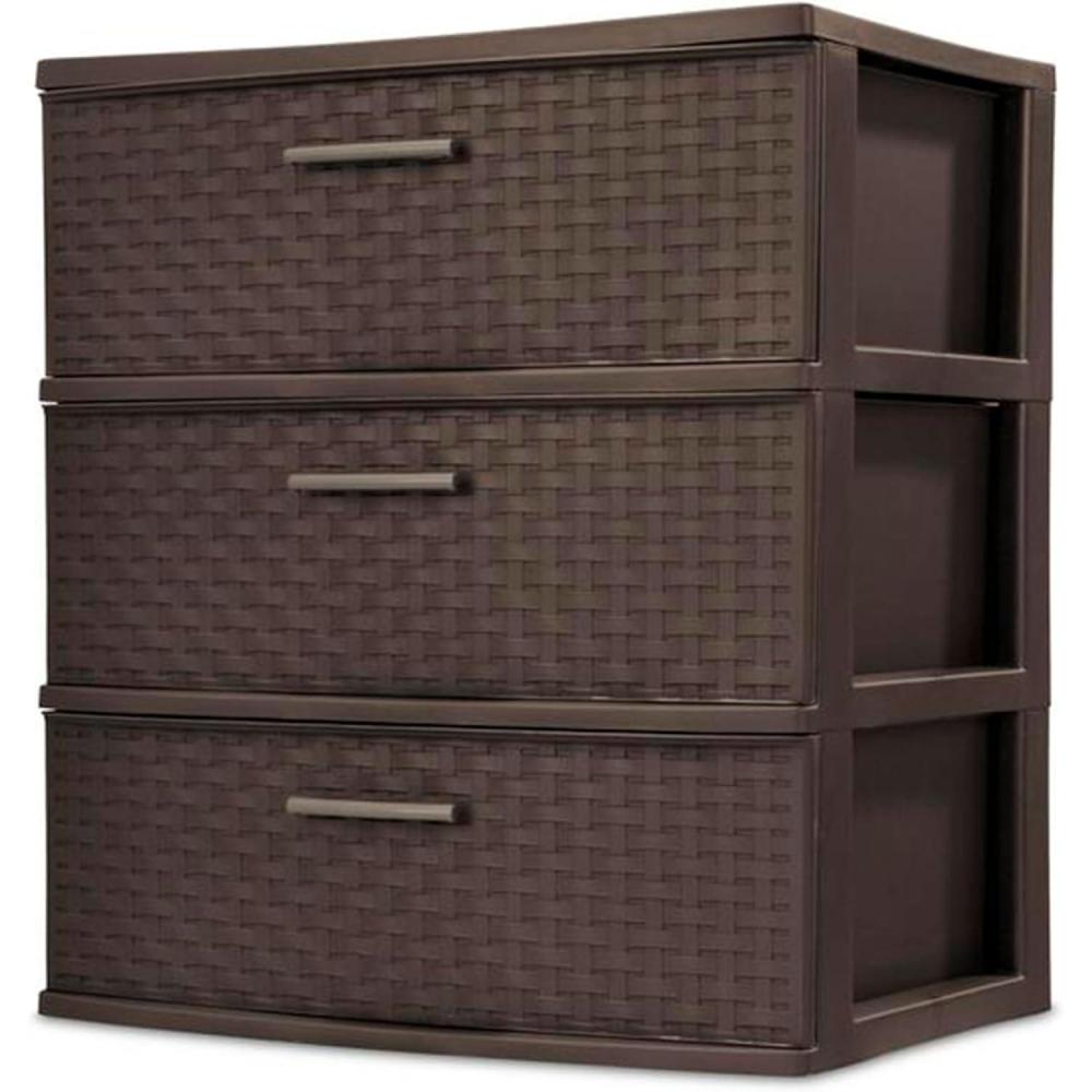 Sterilite 3 Drawer Wide Weave Storage Tower, Plastic Decorative Drawers to Organize Clothes in Bedroom, Closet, Brown with Brown Drawers, 1-Pack(1 Pack)