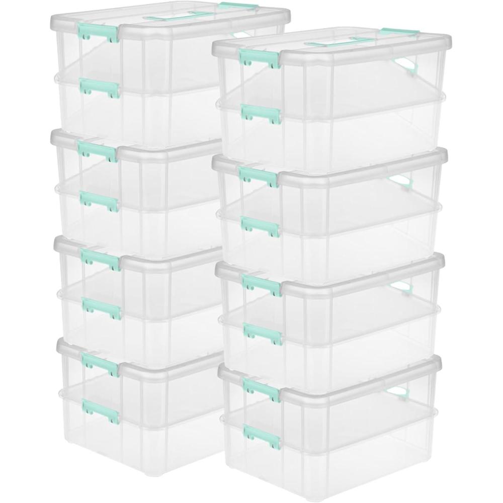 Sterilite 4-Pack Stack & Carry, 2 Layer Handle Box for Home & Office Storage – Clear Base & Lid with Color Latches, Organizer for Art & Craft Supplies, Sewing Tools or 8.5″ x 11″ Paper(8 Pack)