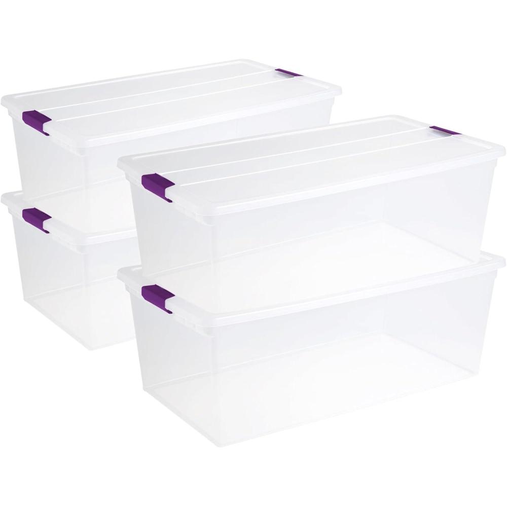STERILITE 15 Qt ClearView Latch Storage Box, Stackable Bin with Latching Lid, Plastic Container to Organize Shoes in Closet, Clear Base, Lid (Pack of 12)(110 Quart (Pack of 4))