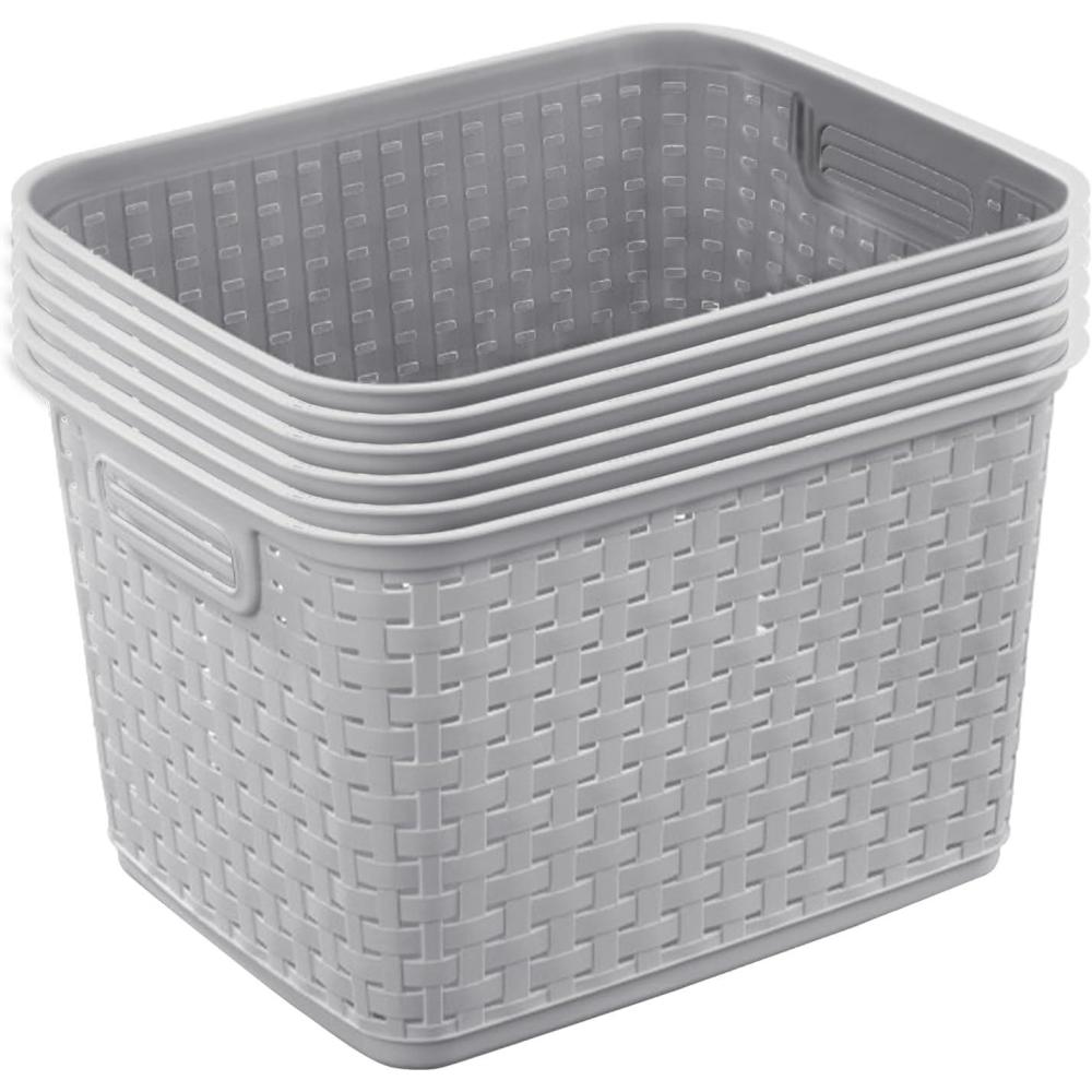 Sterilite 6-Pack Tall Weave Basket, Woven Plastic Storage Baskets for Organization, Cement Gray – Organizing Bin Containers with Handles for Bedroom, Bathroom, Dorm, Laundry Room, and Closet(Cement)