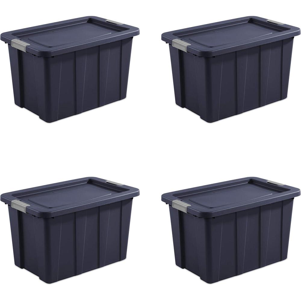Sterilite 30 Gal Latching Tuff1 Storage Tote, Stackable Bin with Latch Lid, Plastic Container to Organize Garage, Basement, Blue Base and Lid, 4-Pack