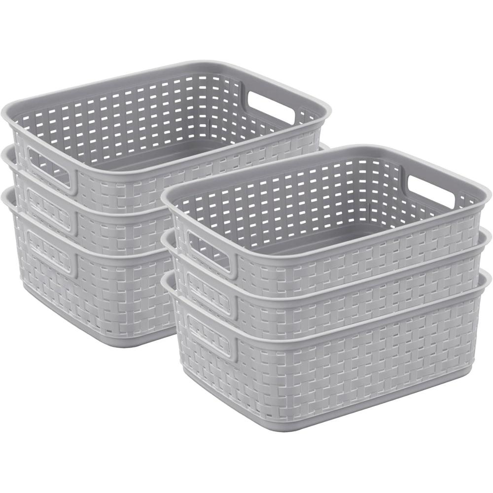 Sterilite Short Plastic Weave Storage Basket, Bin Organization for Countertops, Tabletops, and Shelves for Crafts, Jewelry, Gray, 6-Pack(Cement)