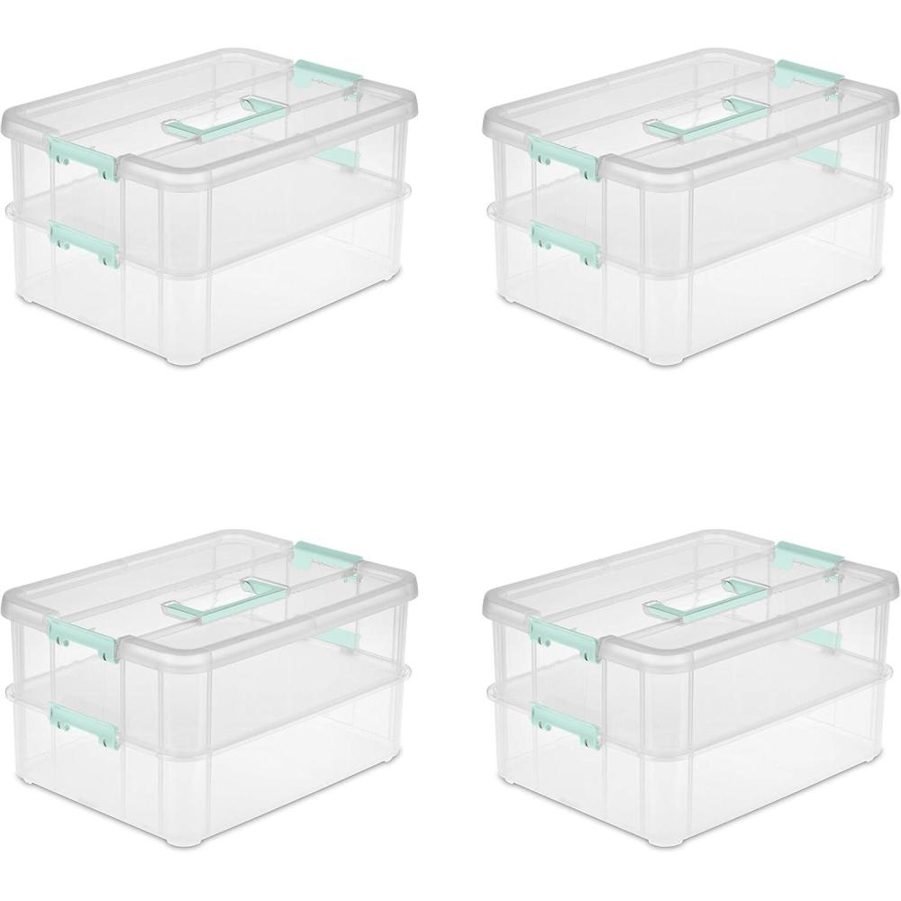 Sterilite Stack and Carry 2 Layer Handle Box, Stackable Plastic Small Storage Container with Latching Lid, Bin to Organize Crafts, Clear, 4-Pack