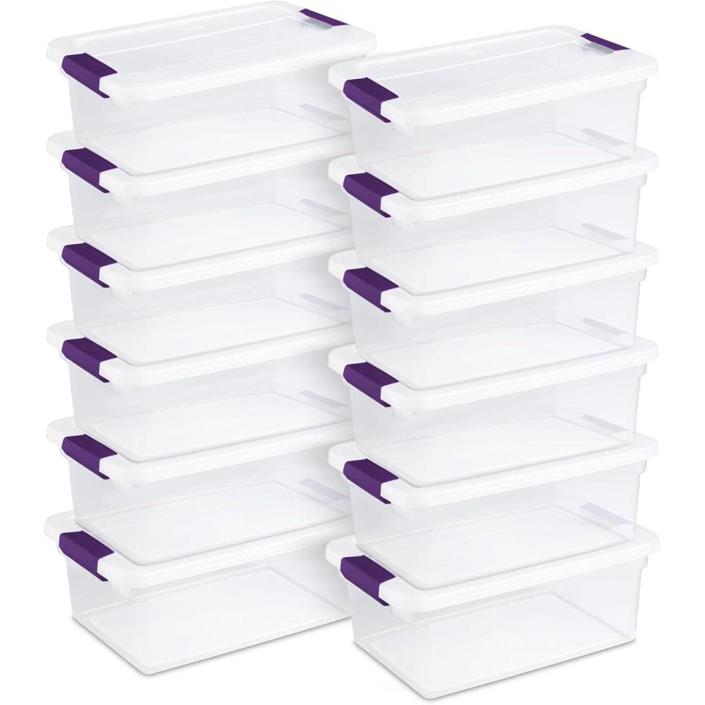 STERILITE 15 Qt ClearView Latch Storage Box, Stackable Bin with Latching Lid, Plastic Container to Organize Shoes in Closet, Clear Base, Lid (Pack of 12)(15 Quart)