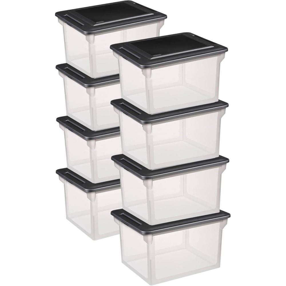 Sterilite 4-Pack File Box, Clear Storage Tote with Black Lid for Letter & Legal Hanging Folders – Stackable Plastic Document and Paper Organizer for Home, Office, and Dorm Organization(8 Pack)