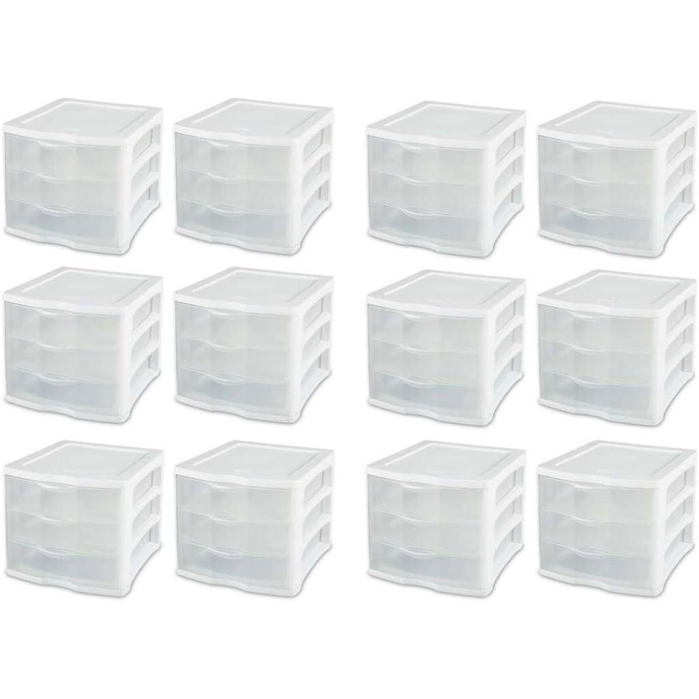 STERILITE 3 Drawer Desktop Storage Unit, Tabletop Organizer for Desk, Countertop at Home, Office, Bathroom, White with Clear Drawers, (Pack of 4)(12 Pack)