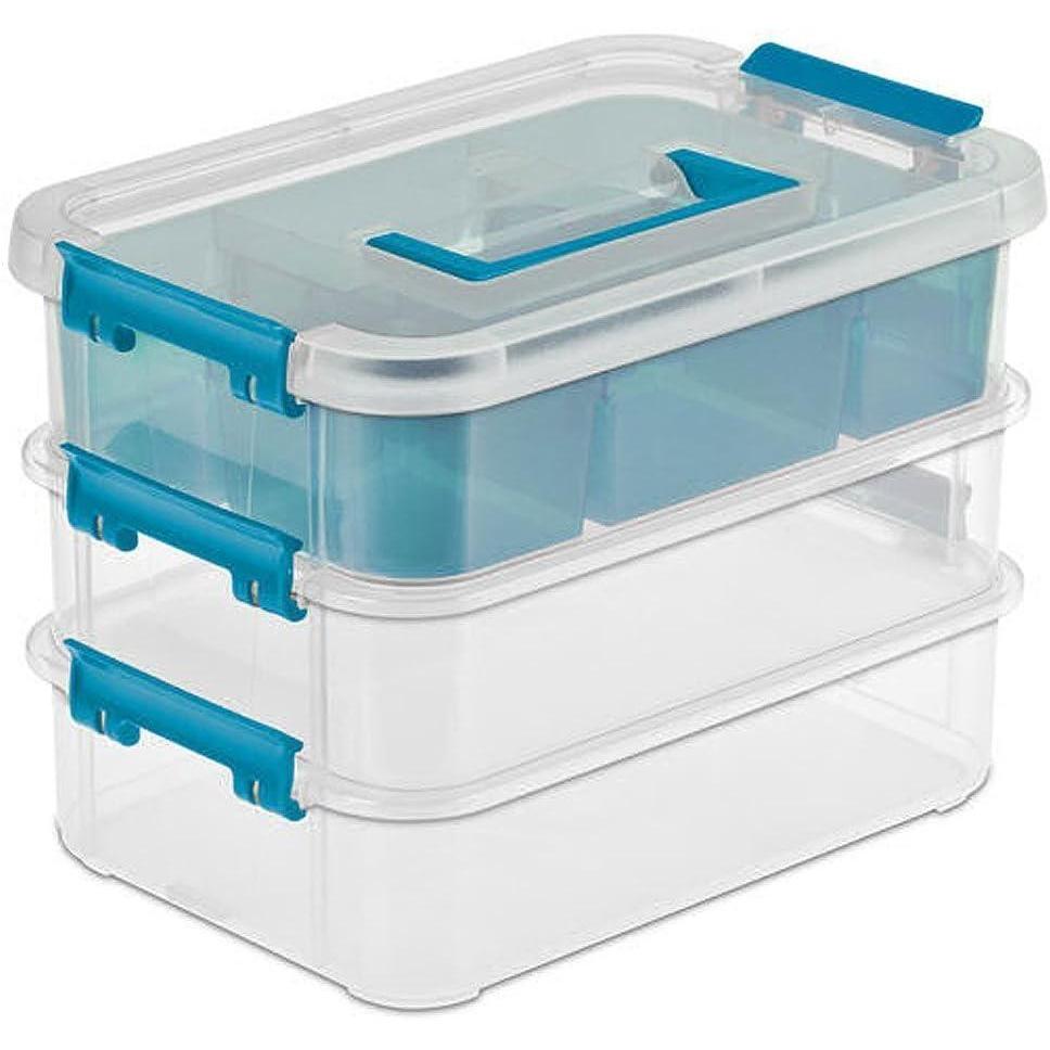 Sterilite 6 Pack Plastic Storage Box Container, 3 Layer, Stack and Carry, Clear/Blue(1 – Pack)