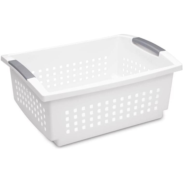 Sterilite Large Stacking Basket, Plastic Storage Bin for Organizing Countertops, Pantry, or Classroom, White Basket with Gray Handles, 10-pack