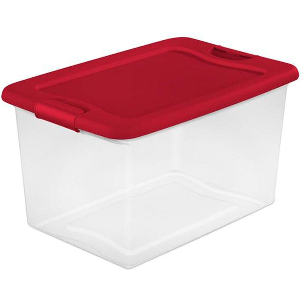 Sterilite 64 Qt Latching Storage Box, Stackable Bin with Latch Lid, Organize Holiday Decor in Closet, Clear Base with Red Lid, 6-Pack