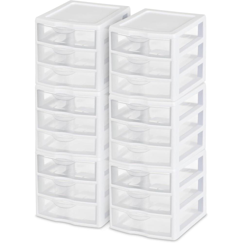 Sterilite Clearview Plastic Multipurpose Small 3 Drawer Desktop Storage Organization Unit for Home, Classrooms, or Office Spaces, White, 6 Pack(6 Pack)