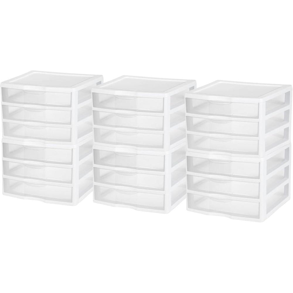 Sterilite 6-Pack Wide 3 Drawer Unit, Plastic Desktop Organizer with Clear Drawers, White Frame – Stackable Multi-Purpose Storage for Office Supplies, Craft Rooms, Classrooms and Home Organization(6 Pack)