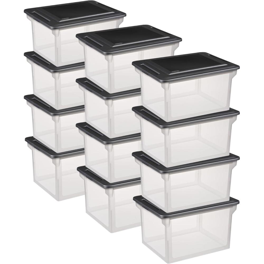 Sterilite 4-Pack File Box, Clear Storage Tote with Black Lid for Letter & Legal Hanging Folders – Stackable Plastic Document and Paper Organizer for Home, Office, and Dorm Organization(12 Pack)