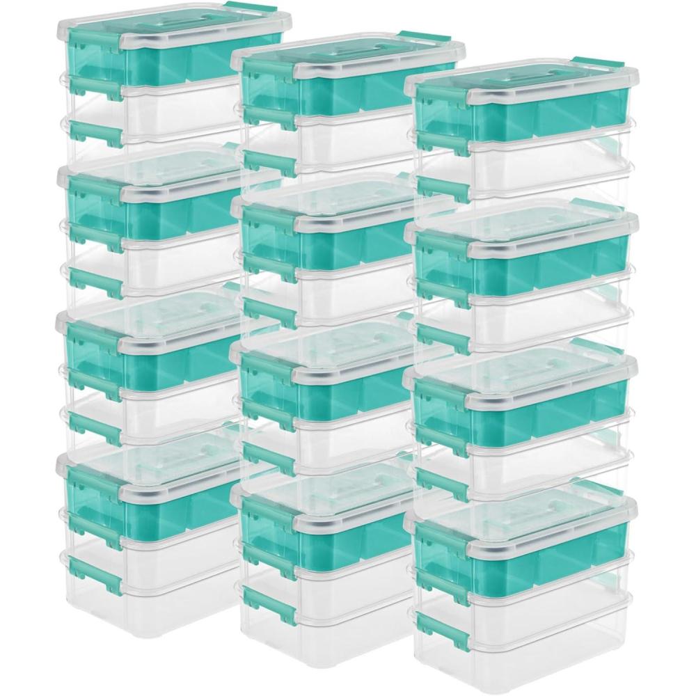 Sterilite 6 Pack Plastic Storage Box Container, 3 Layer, Stack and Carry, Clear/Blue(12 Pack)