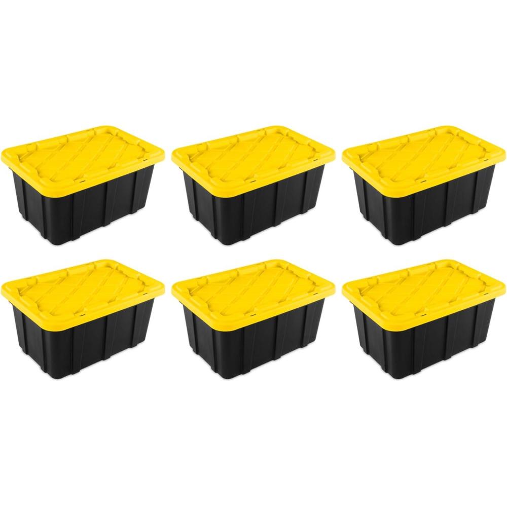 Sterilite 17 Gal Industrial Tote, Stackable Storage Bin with Snap-Fit Lid for Garage, Basement & Attic Storage, Black Base and Yellow Lily Lid, 6-Pack(17 Gallon)
