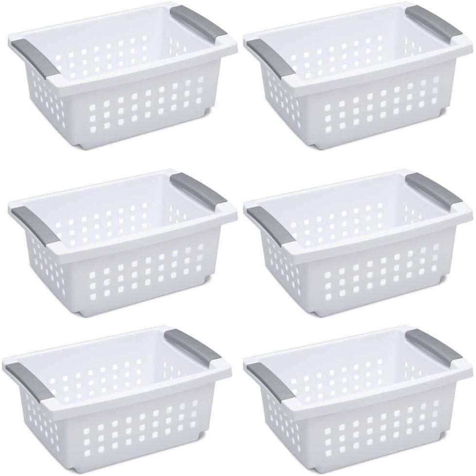 Sterilite 16628006 Medium Stacking Basket, White Basket w/ Titanium Accents, 6-Pack
