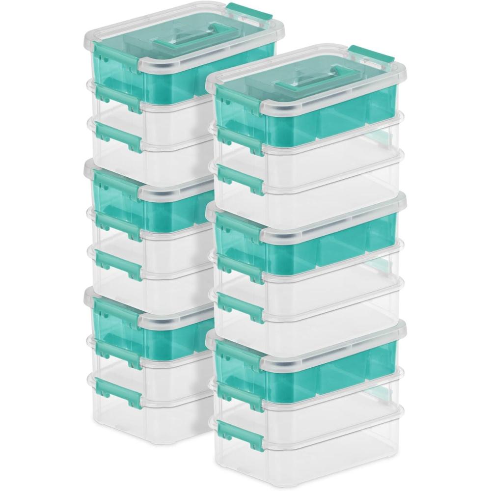 Sterilite 6 Pack Plastic Storage Box Container, 3 Layer, Stack and Carry, Clear/Blue(6 Pack)