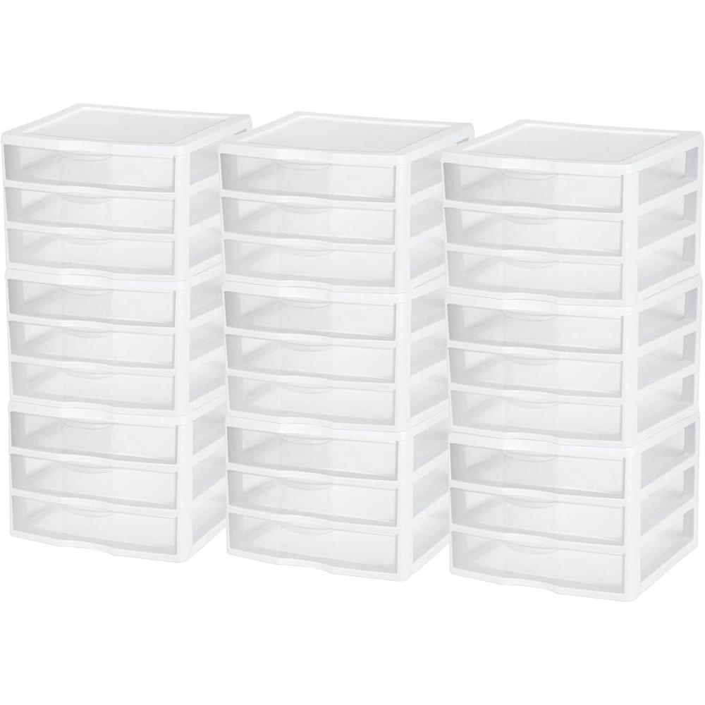 Sterilite 6-Pack Wide 3 Drawer Unit, Plastic Desktop Organizer with Clear Drawers, White Frame – Stackable Multi-Purpose Storage for Office Supplies, Craft Rooms, Classrooms and Home Organization(9 Pack)