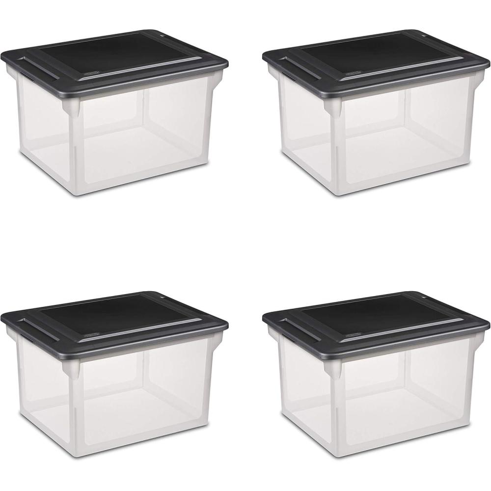 Sterilite 4-Pack File Box, Clear Storage Tote with Black Lid for Letter & Legal Hanging Folders – Stackable Plastic Document and Paper Organizer for Home, Office, and Dorm Organization(4 Pack)