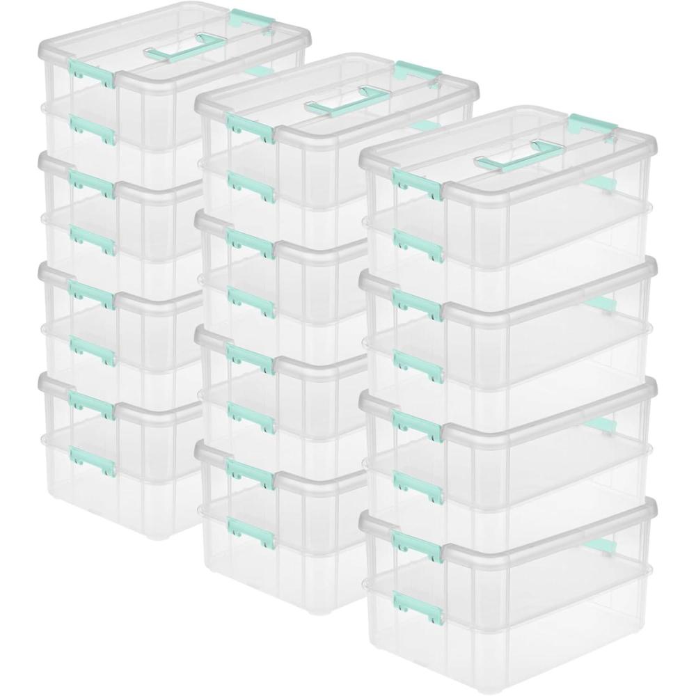 Sterilite 4-Pack Stack & Carry, 2 Layer Handle Box for Home & Office Storage – Clear Base & Lid with Color Latches, Organizer for Art & Craft Supplies, Sewing Tools or 8.5″ x 11″ Paper(12 Pack)