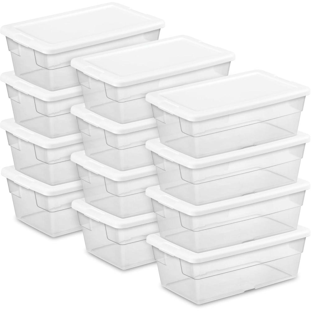 Sterilite 12-Pack 6 Quart Storage Box, Stackable Clear Plastic Bins with Snap-On Lids – Heavy-Duty Organizing Containers for Closet, Bathroom, and Office(6 Quart)