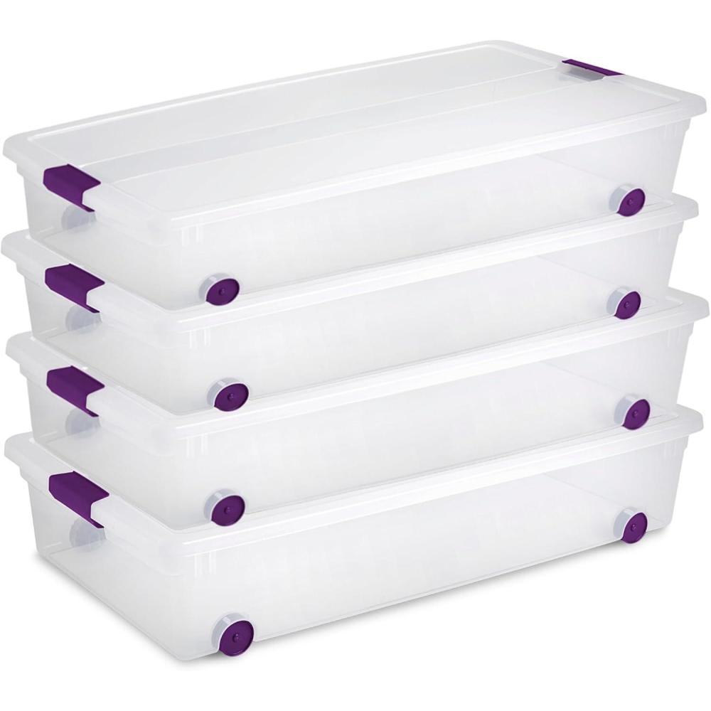 STERILITE 15 Qt ClearView Latch Storage Box, Stackable Bin with Latching Lid, Plastic Container to Organize Shoes in Closet, Clear Base, Lid (Pack of 12)(60 Quart)