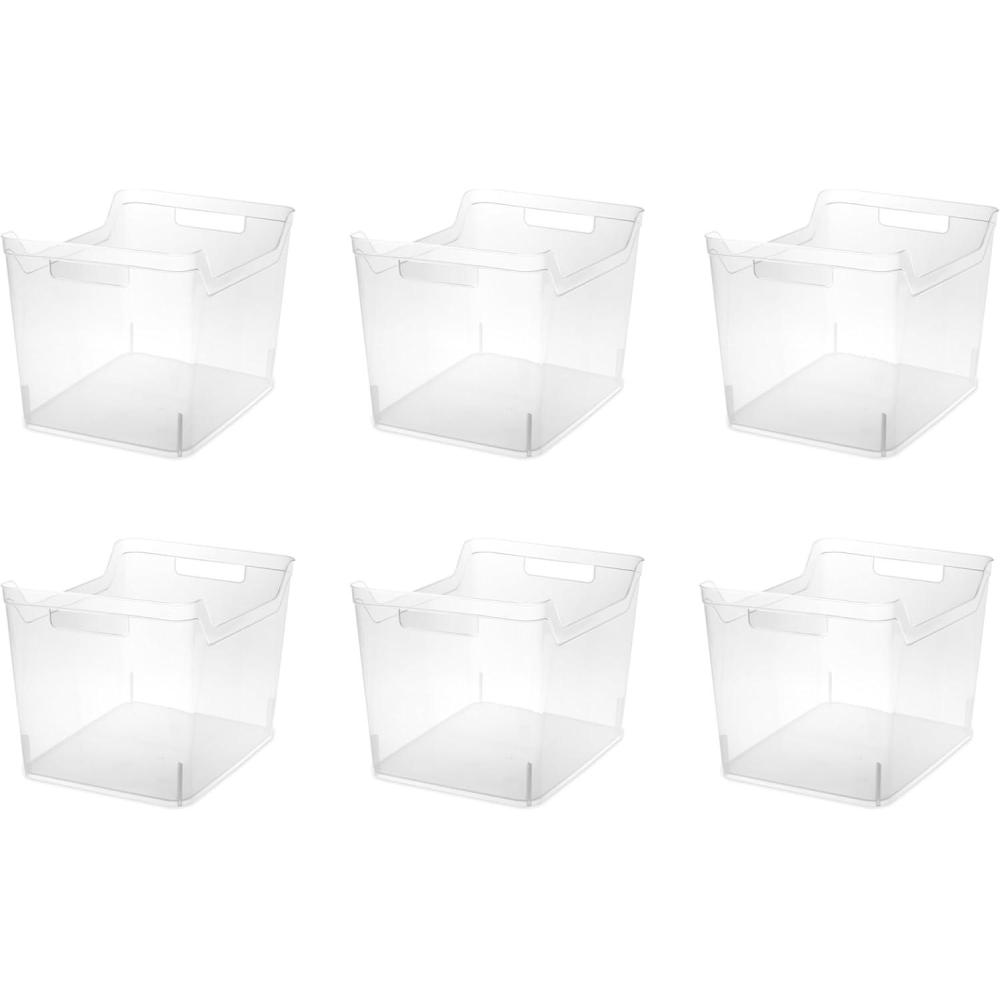 Sterilite Medium Shelf Bin with Handles, Plastic Storage Container for Organizing Shelving, Closet, Pantry, and Countertops, Clear, 6-Pack(Wide)