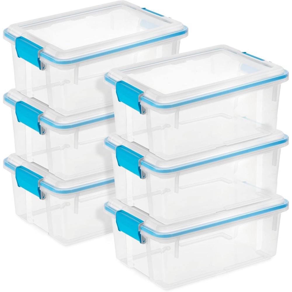 Sterilite 6-Pack Gasket Box, Weather-Resistant Storage Bins with Latching Lids, 20 Quart – Heavy-Duty Organizing Containers for Closet, Bathroom, and Office(12 Quart)