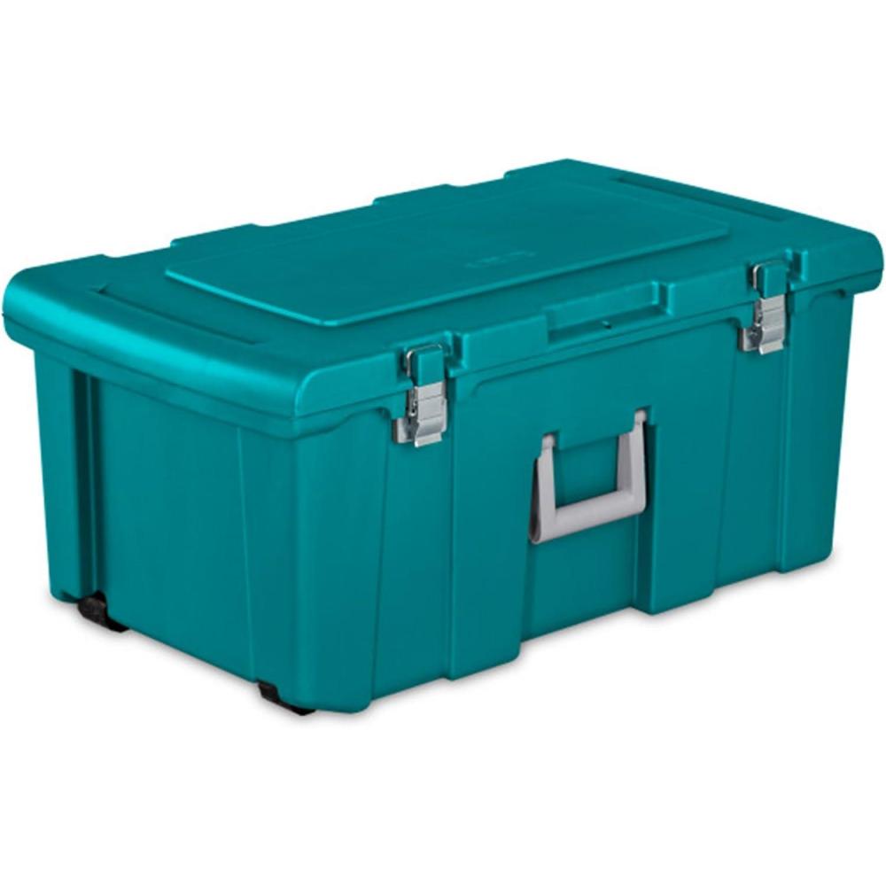 Sterilite Wheeled Footlocker, Lockable Plastic Utility Storage Container, Black(Blue)